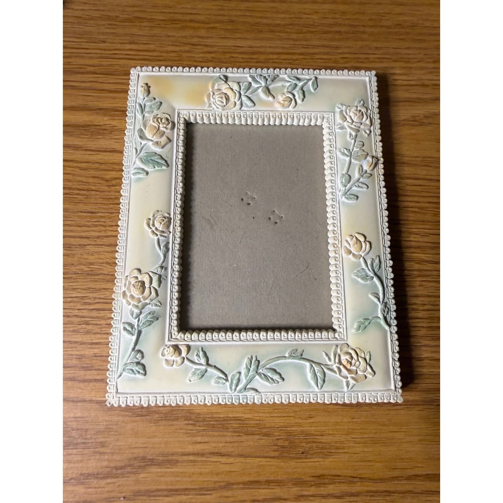 Vintage Floral Rose Resin Picture Frame Cream Yellow Green Cottagecore 5.5x7.5